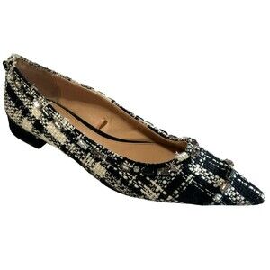 Zara Tweed Beaded Jeweled Fabric Black White Pointed Toe Flat Shoes EU38